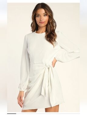 Lulus Believe It Or Knot White Long Sleeve Tie-front Skater Dress